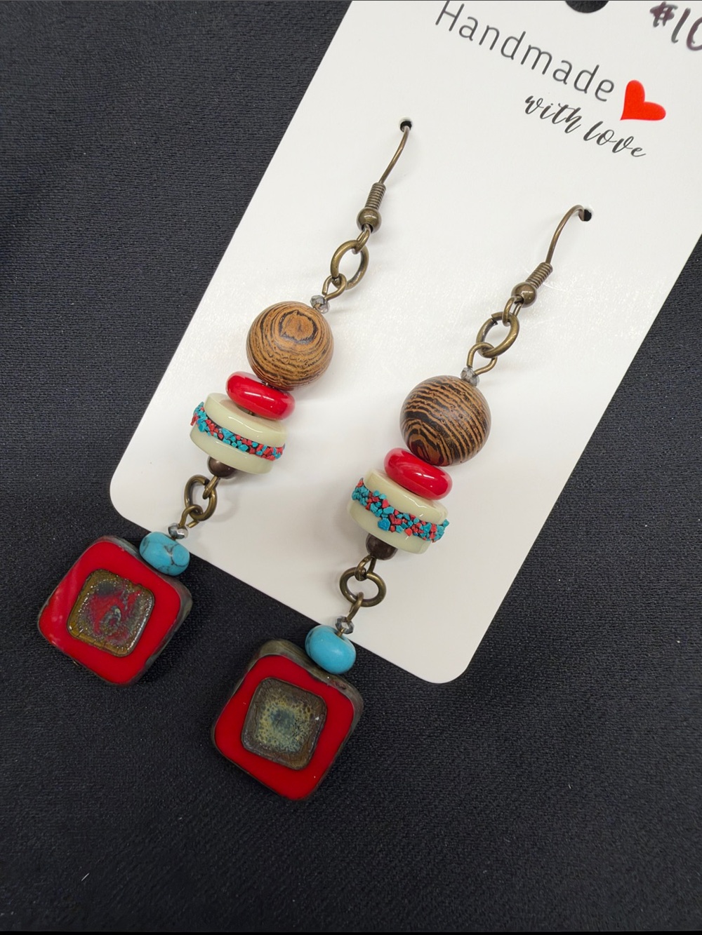 Handcrafted Boho Red, Turquoise & Wood Drop Earrings